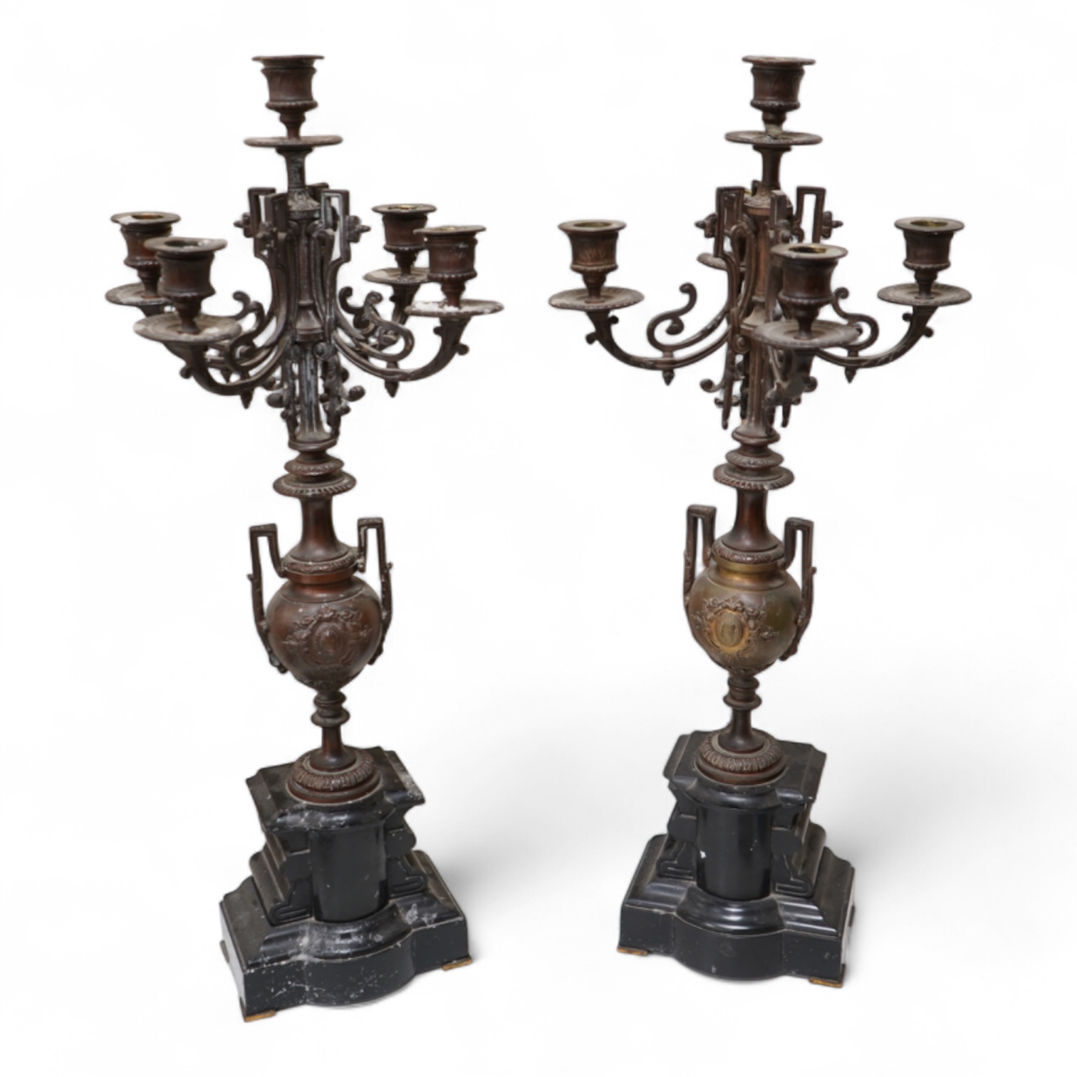 A pair of early 20th century bronze and black slate five light, four branch candelabra, 60cm high